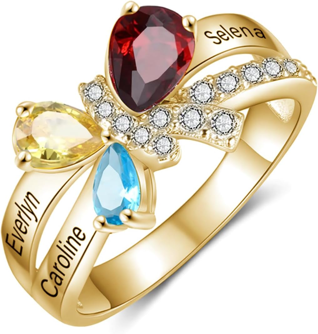 YDD 10K 14K 18K Solid Gold Birthstone Rings for Women Personalized Mothers Rings with 2-6 Birthstone Ring Engagement Anniversary Promise Ring Mother Daughter Ring