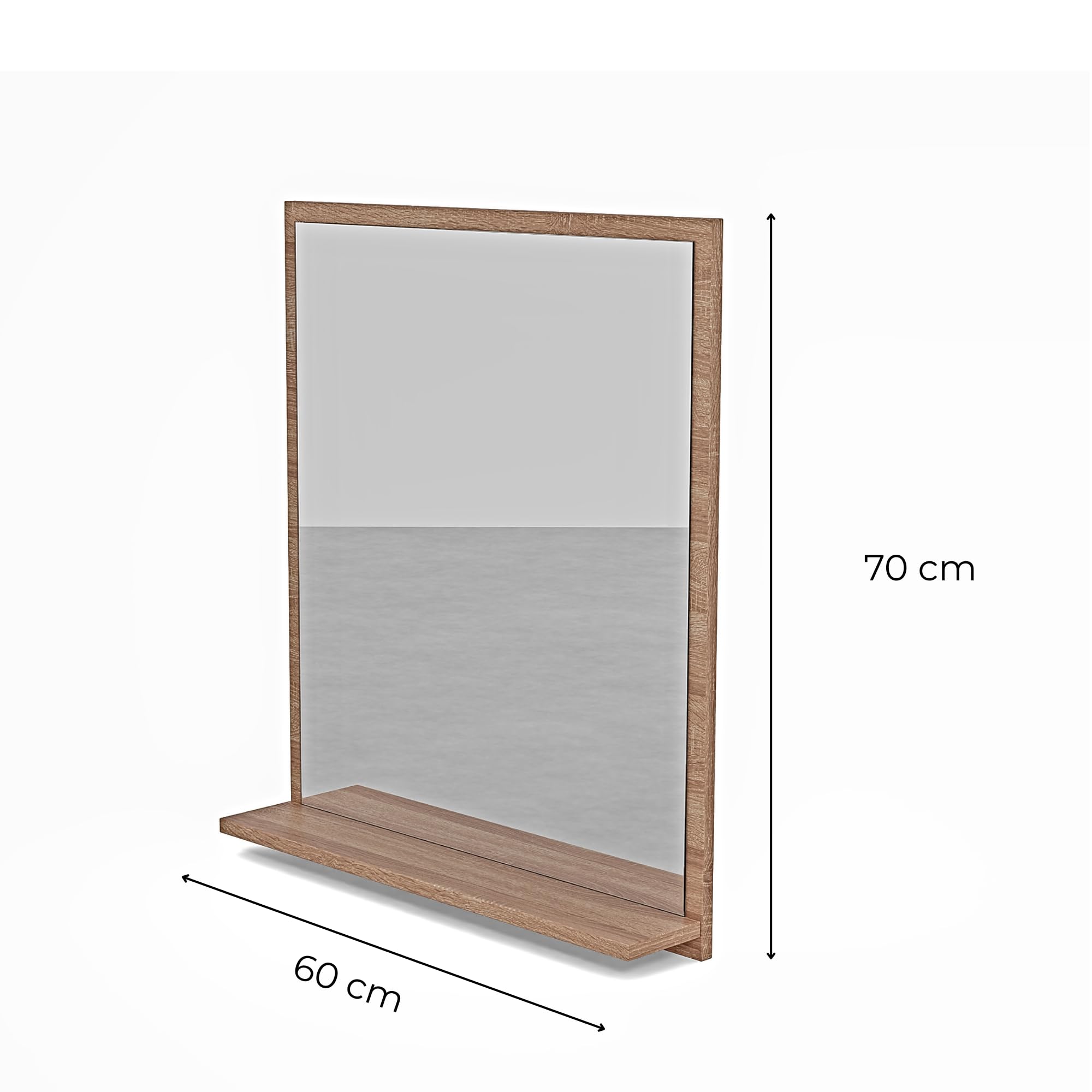 Lustro łazienkowe z półką 60x70 cm sonoma – nowoczesne lustro do łazienki na ścianę – prostokątne lustro z półką – lustro łazienkowe wiszące premium
