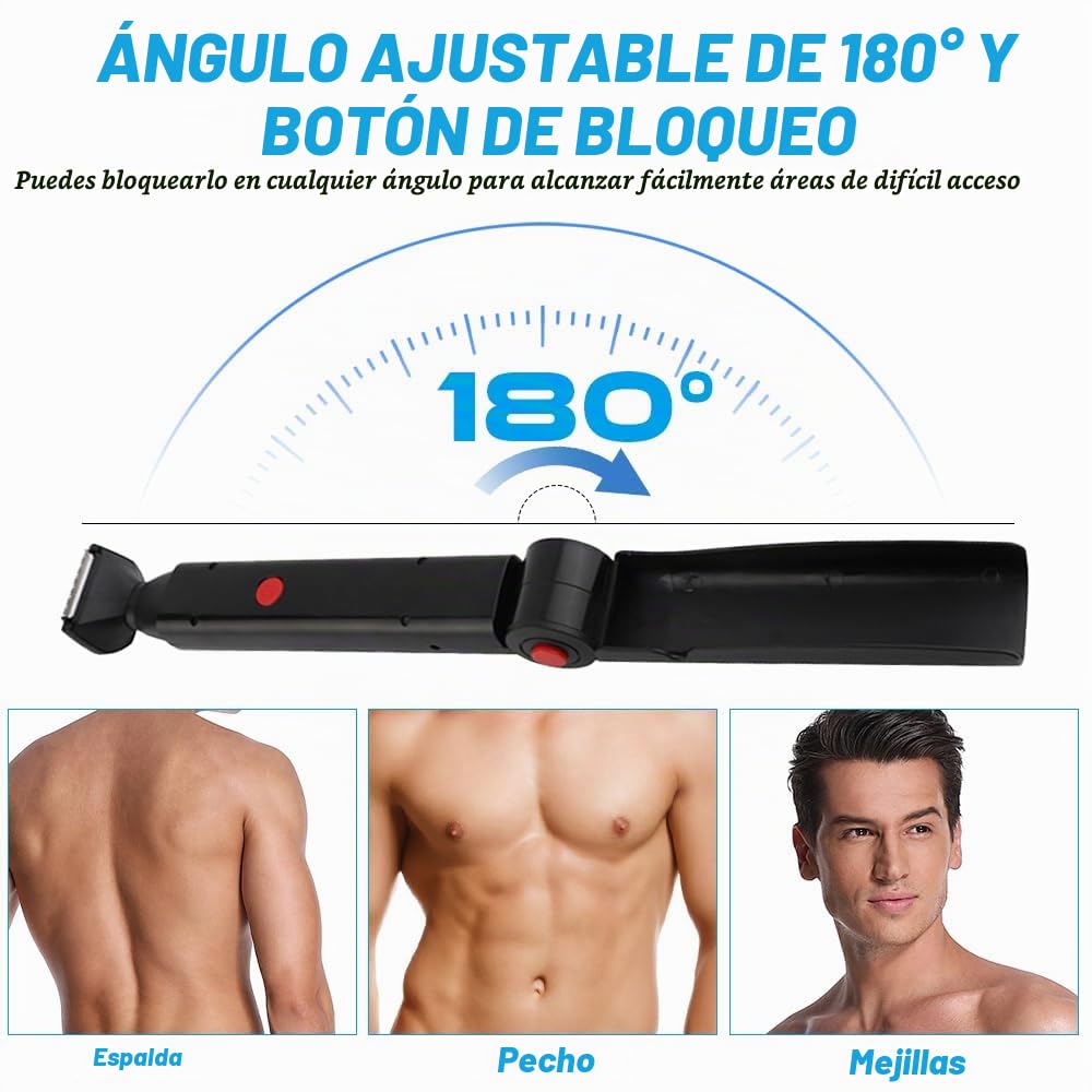 Afeitadora de Espalda para Hombre, USB Depiladora Corporal Hombre con 2 Cabezales de Afeitado Desmontable y Mango Ergonómico Extensible, Plegable, para Espalda, Pecho y Hombros
