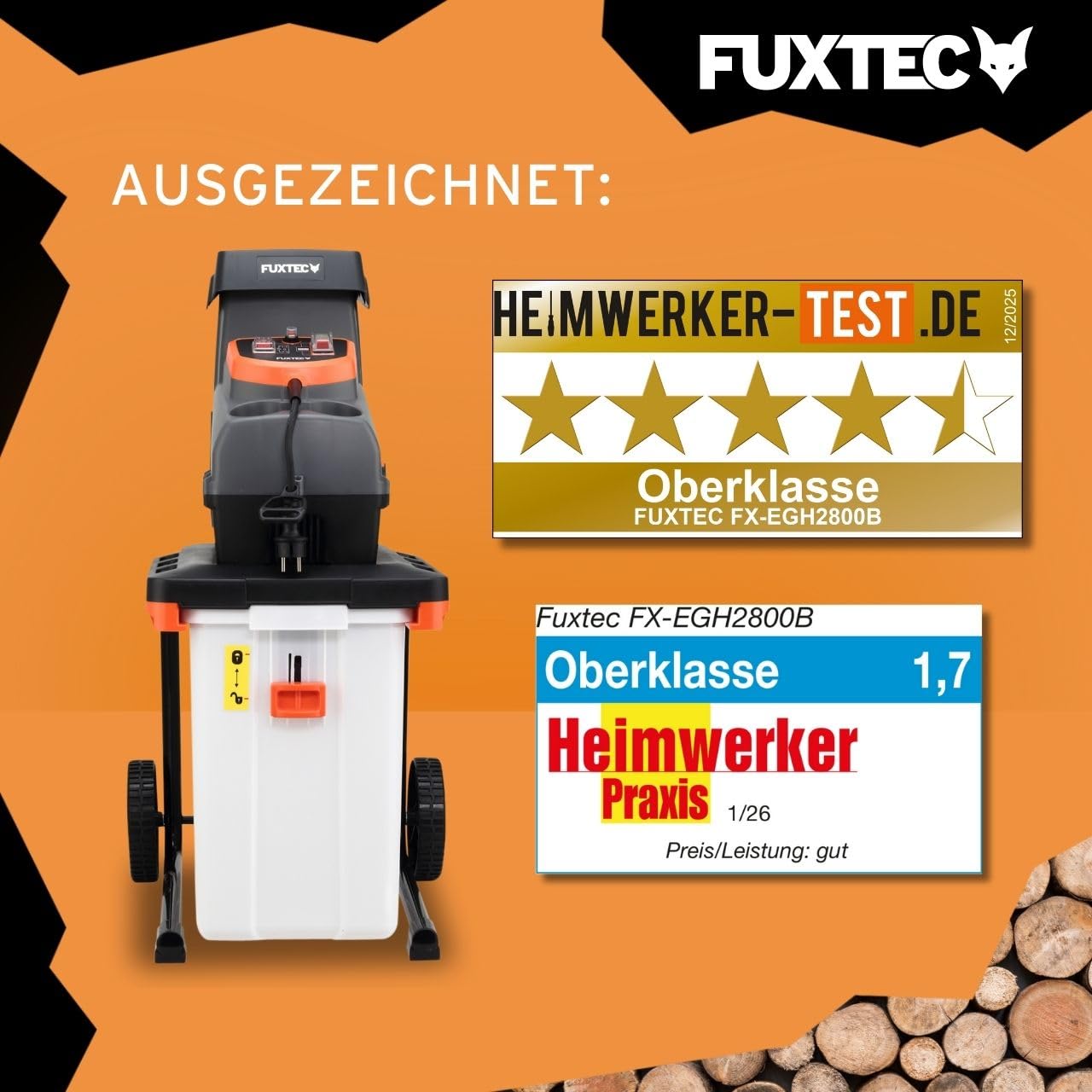 FUXTEC Elektro Gartenhäcksler FX-EGH2800B, Walzenhäcksler mit 2800W Leistung und Rückwärtslauf, zerkleinert Äste bis 44mm Durchmesser, leise & kraftvoll mit 60L Auffangbox und Überlastschutzsystem