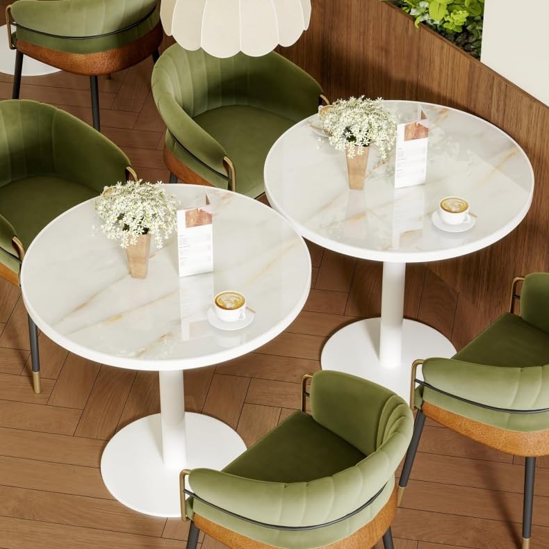 Image of 63 inch Tulip Table, Small Round Dining Table with 1.2 inch Thick Sintered Stone Tabletop and Golden Metal Pedestal Base, Bistro Table for Diner, Bar, Restaurant, kitchen, Bakery,Apartment (Marble White Gold)