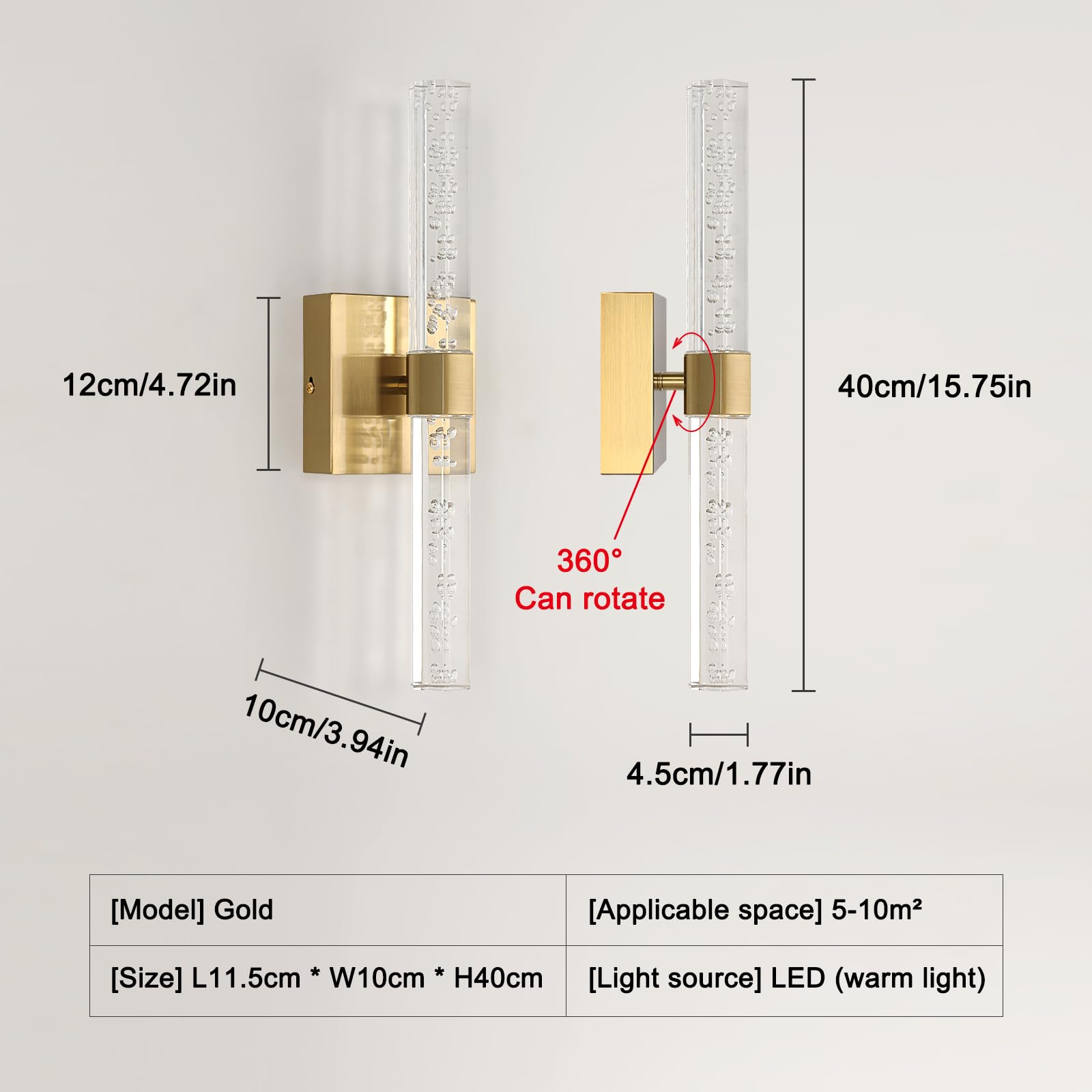 Comely Applique LED da Parete Interno, 12W Oro Lampada da Parete Moderna, Regolabile 360° Lampada a Muro Illuminazione Interni per Camera da Letto Comodino Soggiorno Scale Corridoio