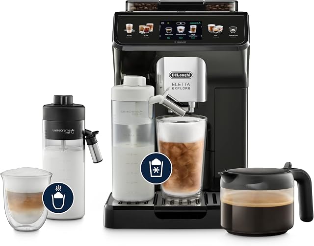 De'Longhi Eletta Explore Cold Brew ECAM452.67.G, Automatyczny Ekspres do Kawy z Systemem LatteCrema Hot i Cool, Technologia Cold Extraction, w Zestawie Dzbanek do Kawy, Ciemnoszary