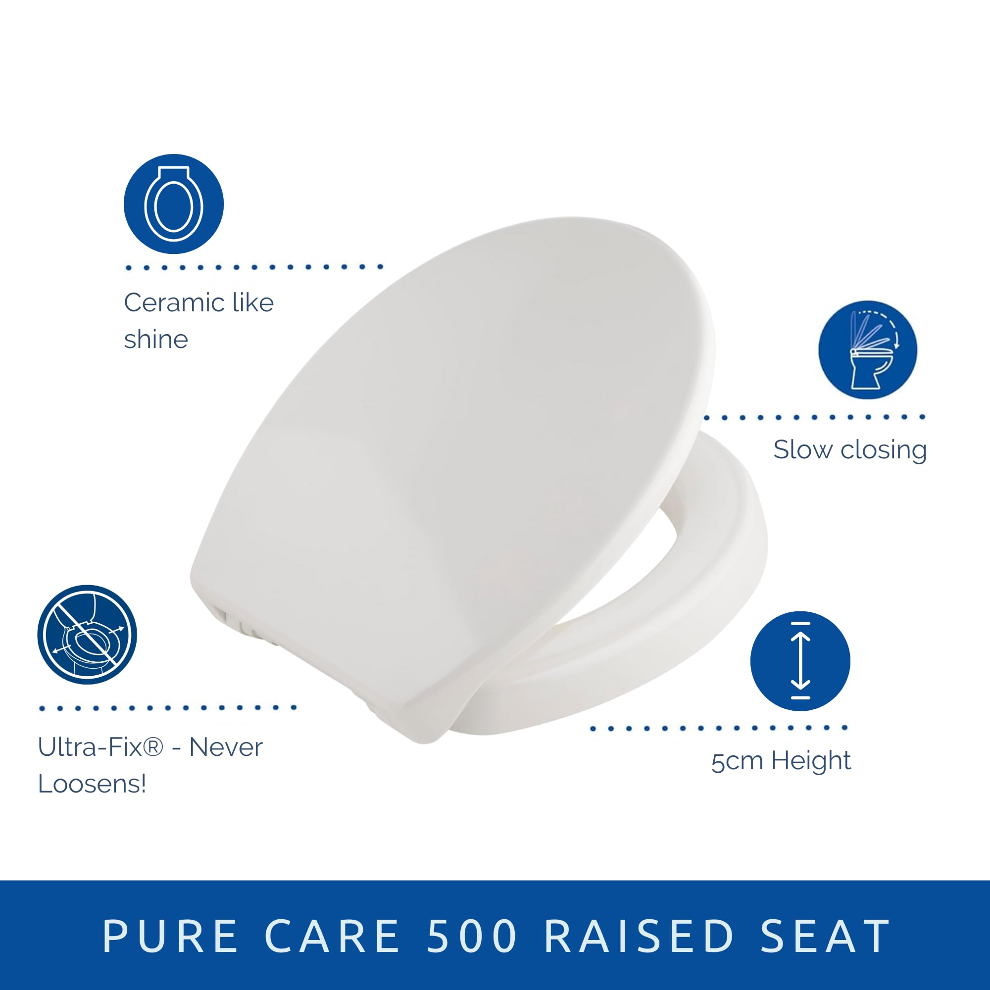 Bemis Pure Care 500 WC-Sitz mit Absenkautomatik, 5 cm erhöhter Toilettensitz, verstellbare Kunststoffscharniere, weißer Duroplast-Toilettensitz, Ultra-Fix einfacher WC-Sitz
