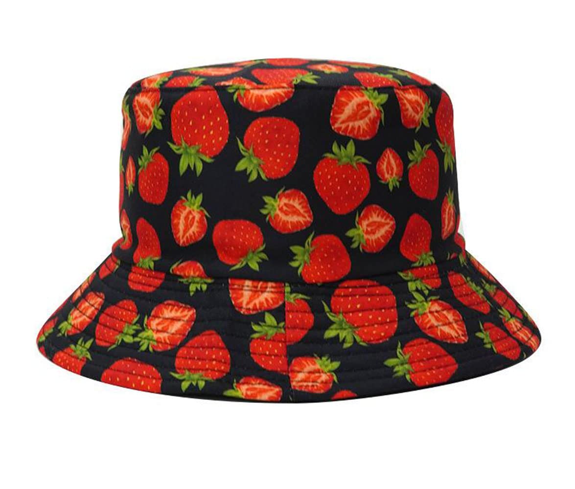 Kgm Unisex White Multicolored Cool Fun Print Animal Fruit Leaf Hawaii Design Bucket Hat - Festival Holiday Travel Hats (Strawberry)