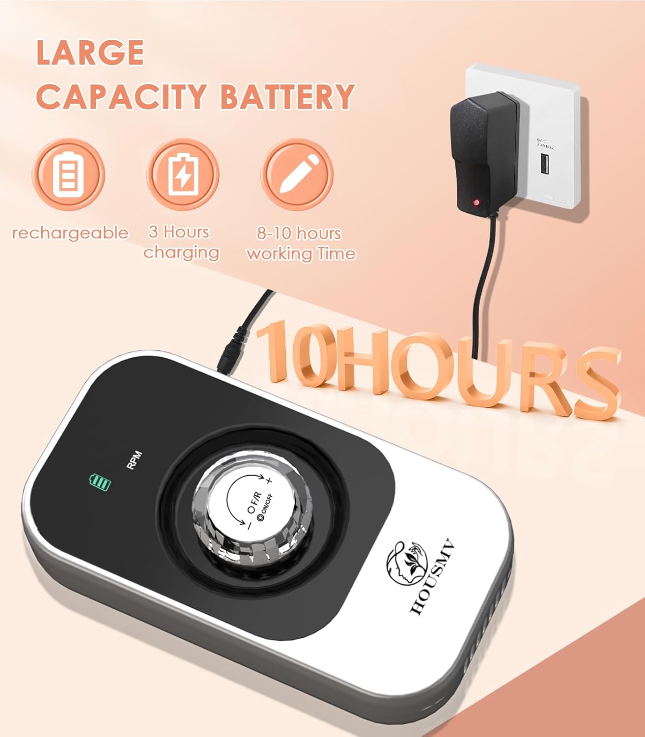 Nail drill unit connected to a charger, indicating 3 hours charging time for 8-10 hours working time