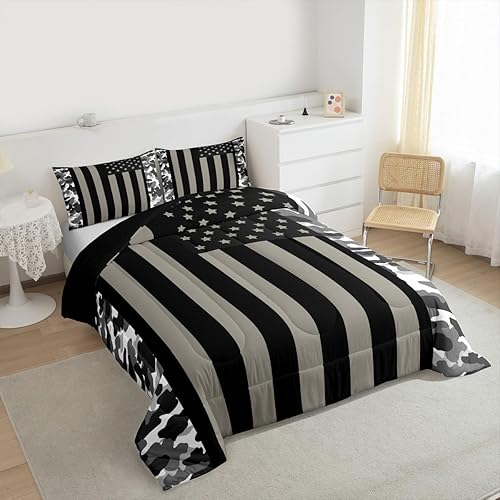 Miniatura 6 de Erosebridal Juego de edredón de bandera estadounidense, edredón de camuflaje militar gris, tamaño Queen, negro, blanco, gris, camuflaje, bandera de