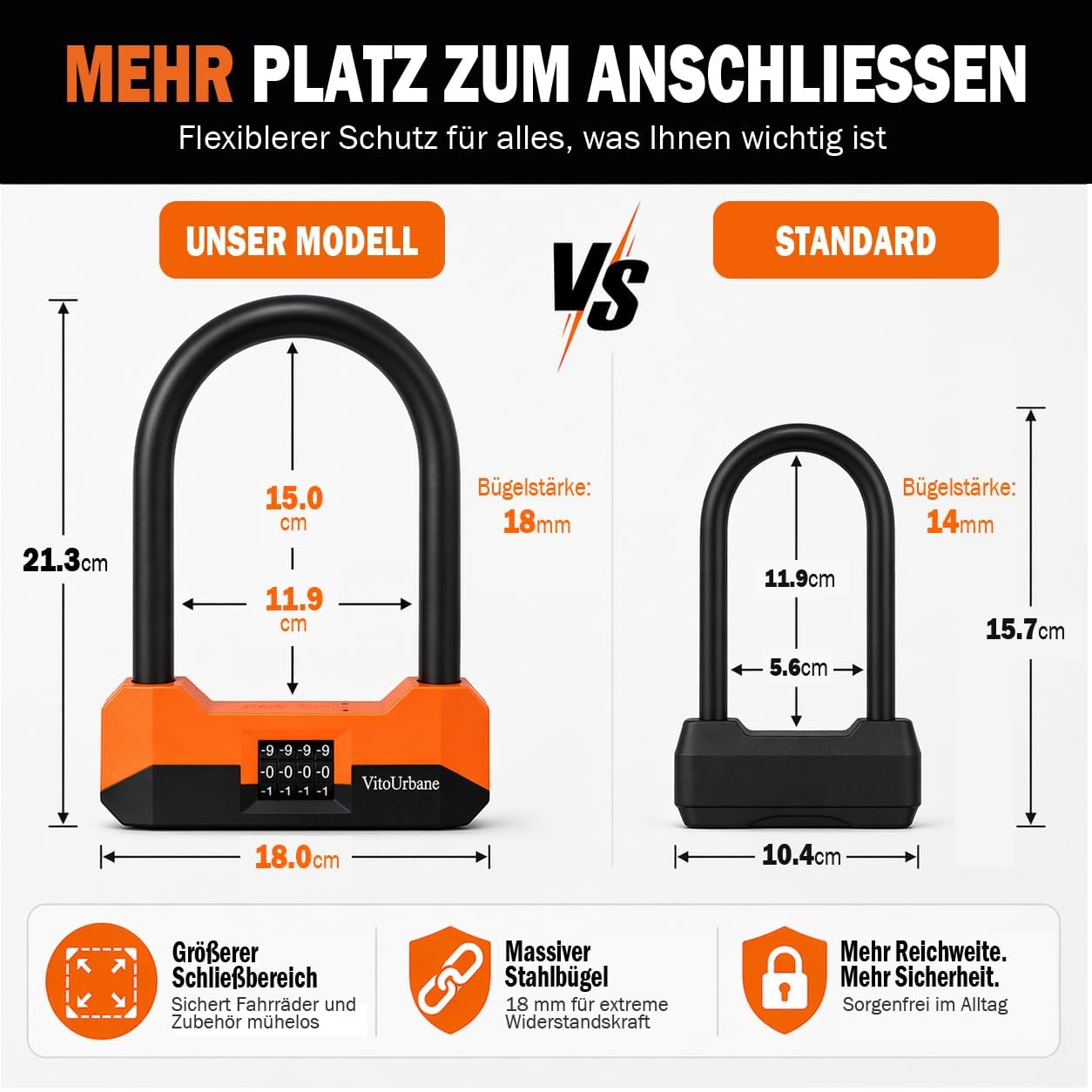 Fahrradschloss mit Zahlencode - 18 mm Fahrrad Bügelschloss und 120 cm Kette