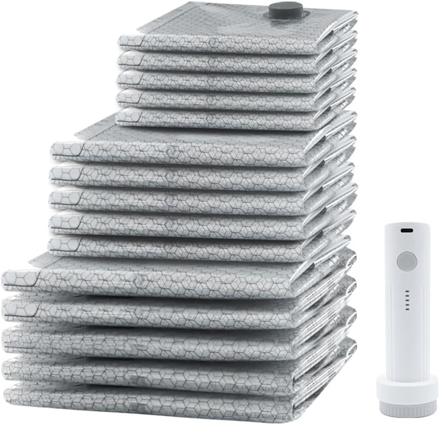 Travel Vacuum Bags with Pump: Vacuum Seal Bags for Clothing with Rechargeable 6000Pa Pump - Space-Saving, Premium Heavy Duty Storage Bags for Clothes, Bedding, Seasonal Items (5 sets, S+M+L)