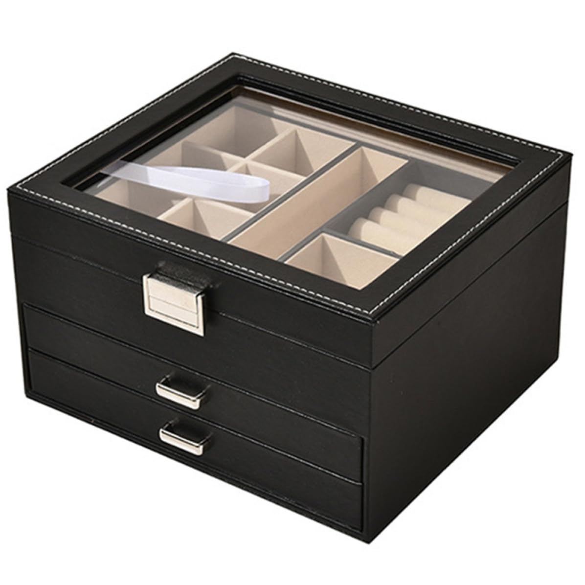 Caja de Joyas de 3 Capas, Organizador de Mesa Negro para Anillos