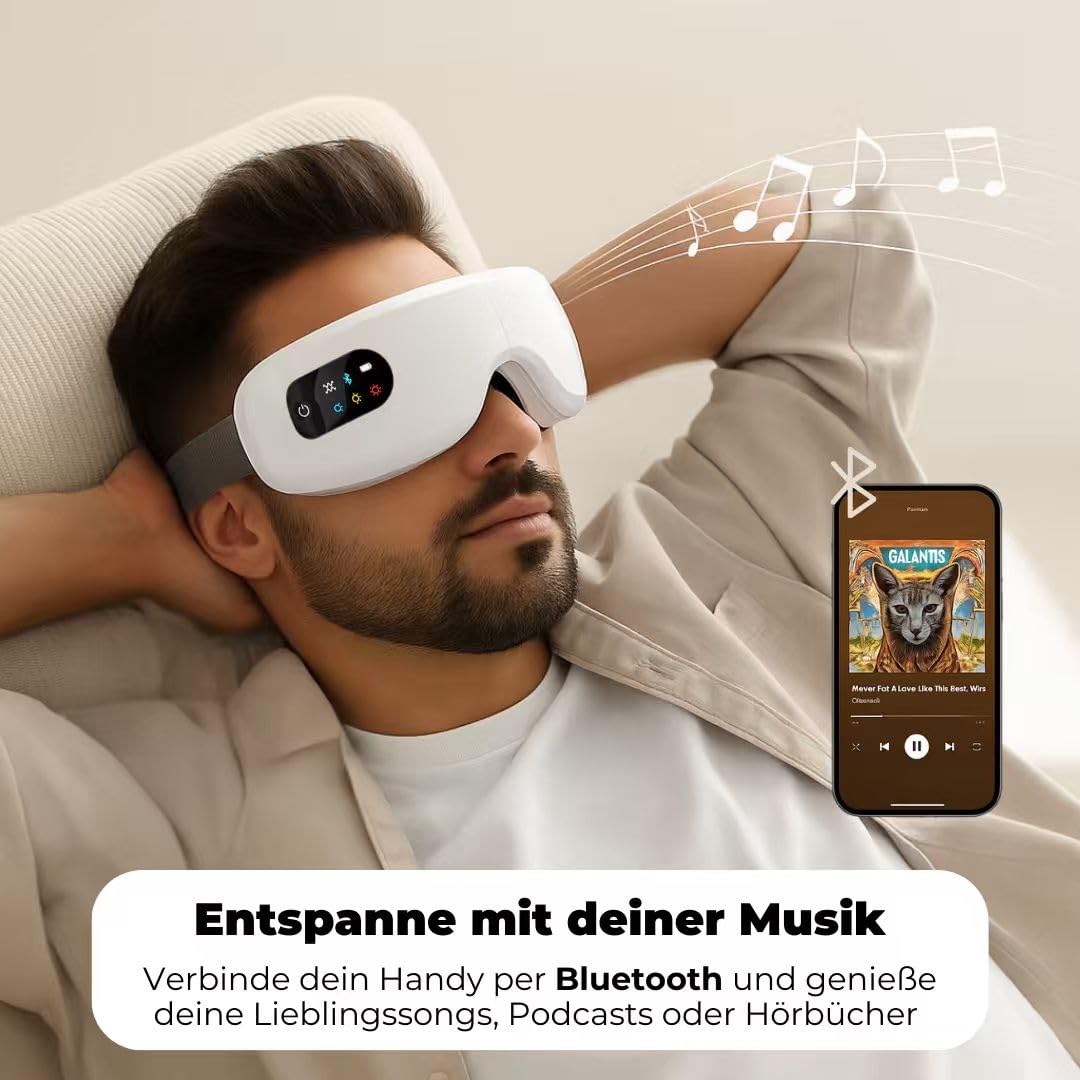 Velanu - RelaxBrille Elektrischer Augenmassagegerät mit Wärme, 7 Modi, Augenmaske, für Frauen, Männer, Freunde, Mama und Papa, Schlafmaske zur Entspannung, Stressabbau und Schlafverbesserung