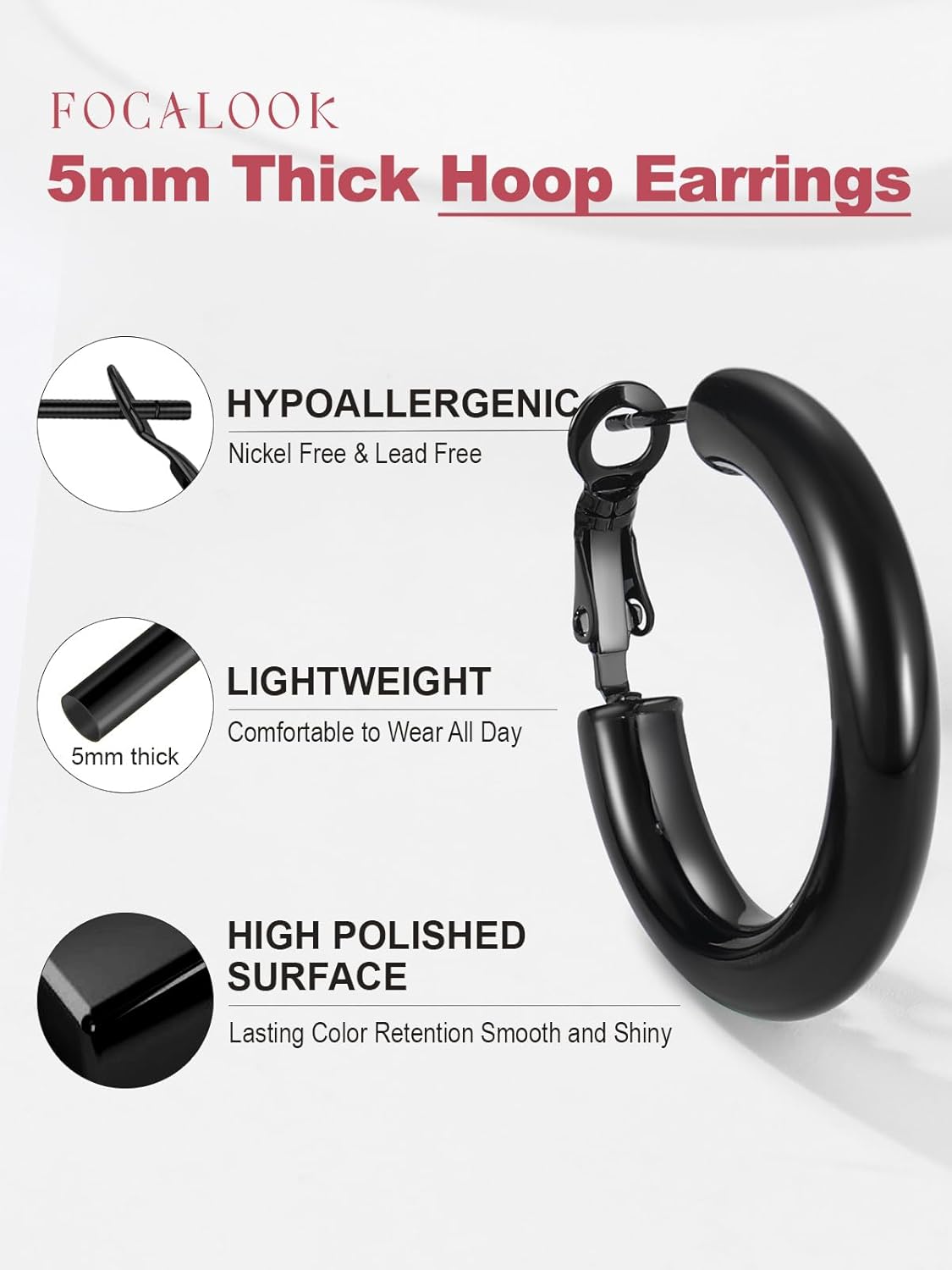 FOCALOOK Hoop Earrings for Women - Lightweight Large Hoops 14K Gold Chunky Earrings Hypoallergenic 5mm Thick Silver Black Hoop Earrings | Custom Name Jewelry 30mm 40mm 60mm 80mm - Image 5
