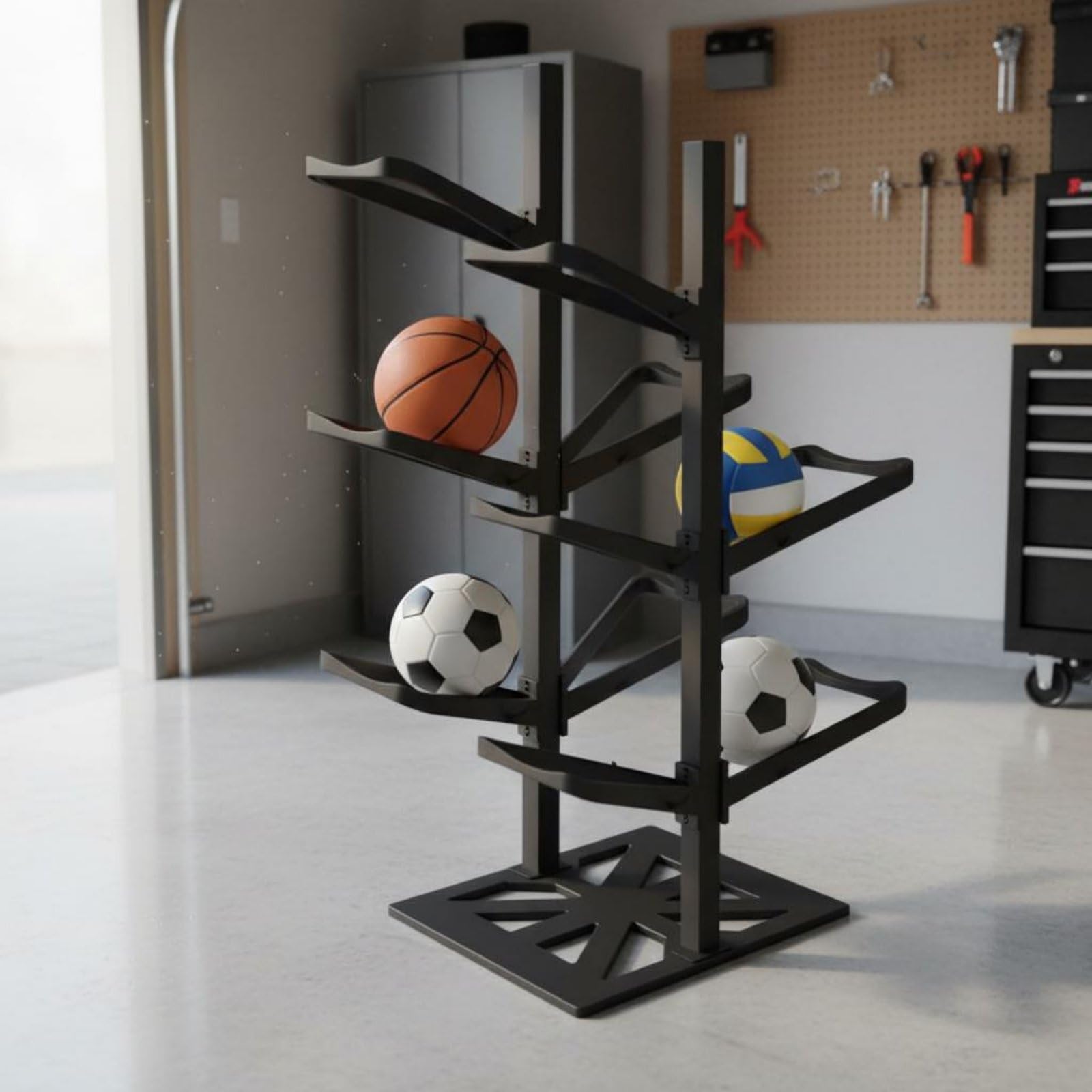 Estante de Balones Organizador Soporte de Pelotas Torre de Almacenamiento Carro de Balones Acero y Resistente con Base Estable y Ganchos Laterales Adecuado para Hogar Garaje Sala de Juegos