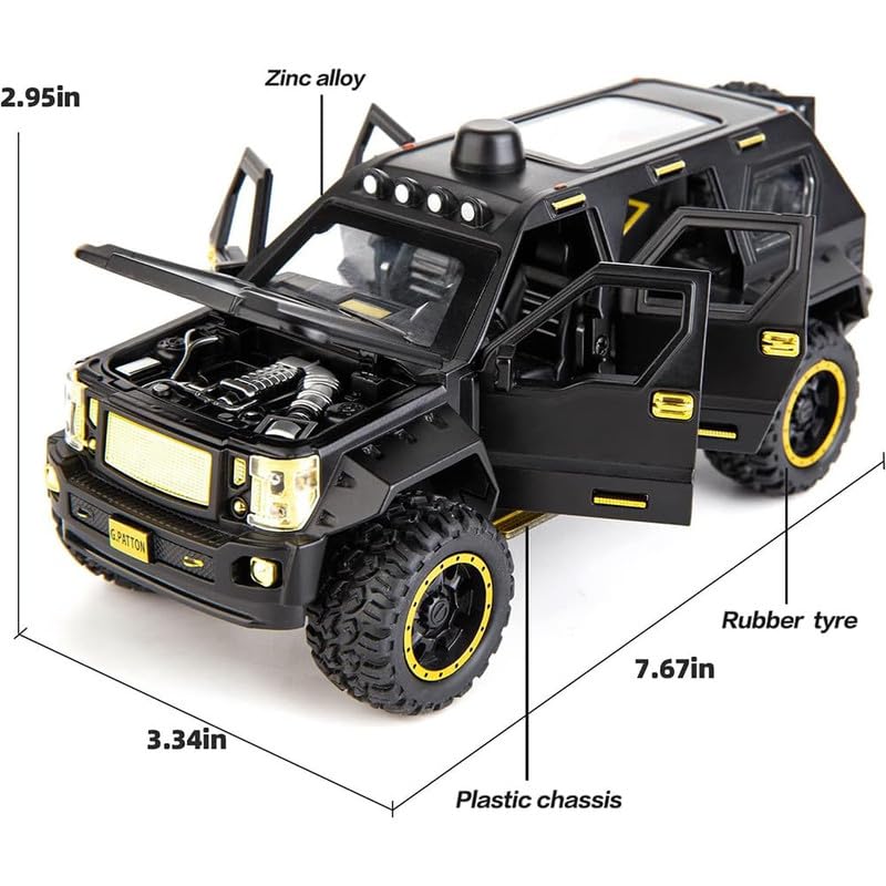 Image of Kids Model 1:24 Pattong Die Cast Metal Car Pull Back Action Opening Doors with Realistic Engine Sound Lights Toy Car Gift for Boys - Black