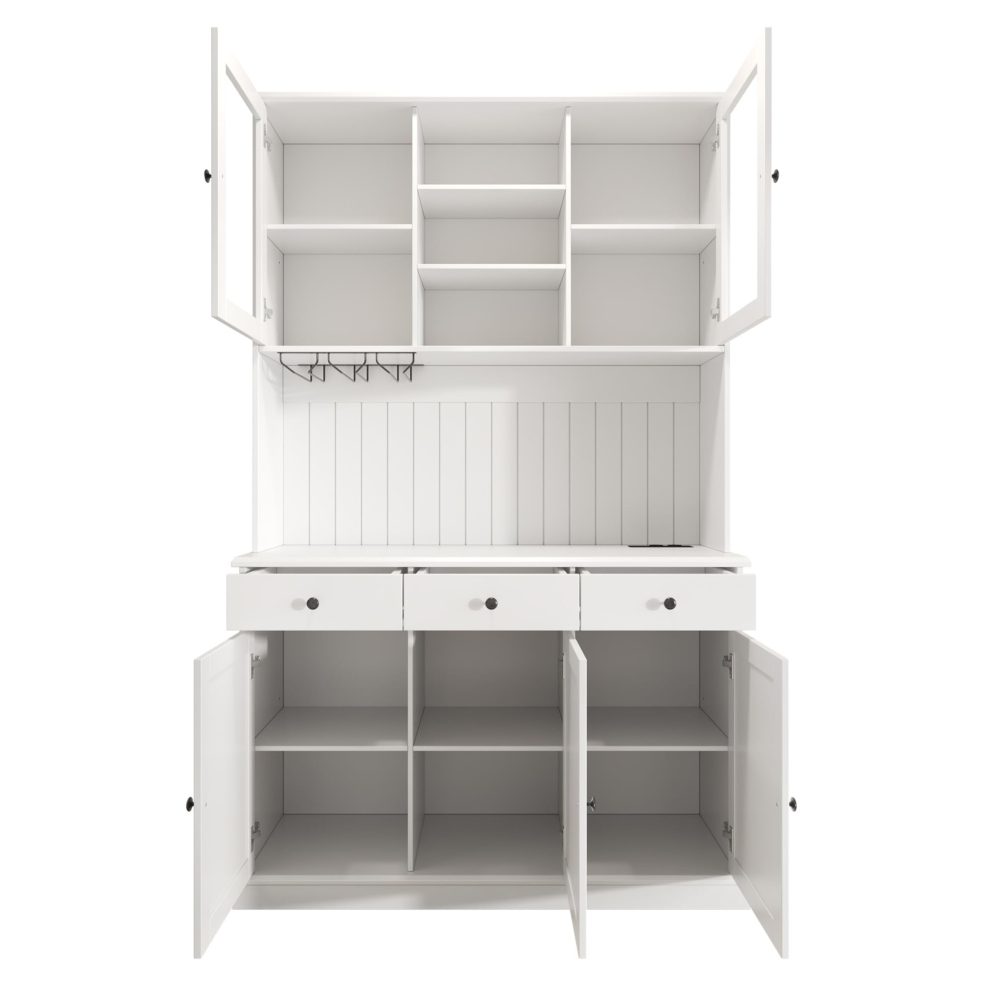 Küchenschrank mit USB Buchse für Wohnzimmer, Hochschränk mit Schubladen & Türen, Vorratsschrank mit Verstellbaren Regal & Weinregal, Buffetschrank für Esszimmer, 191x120x40 cm (Weiß)