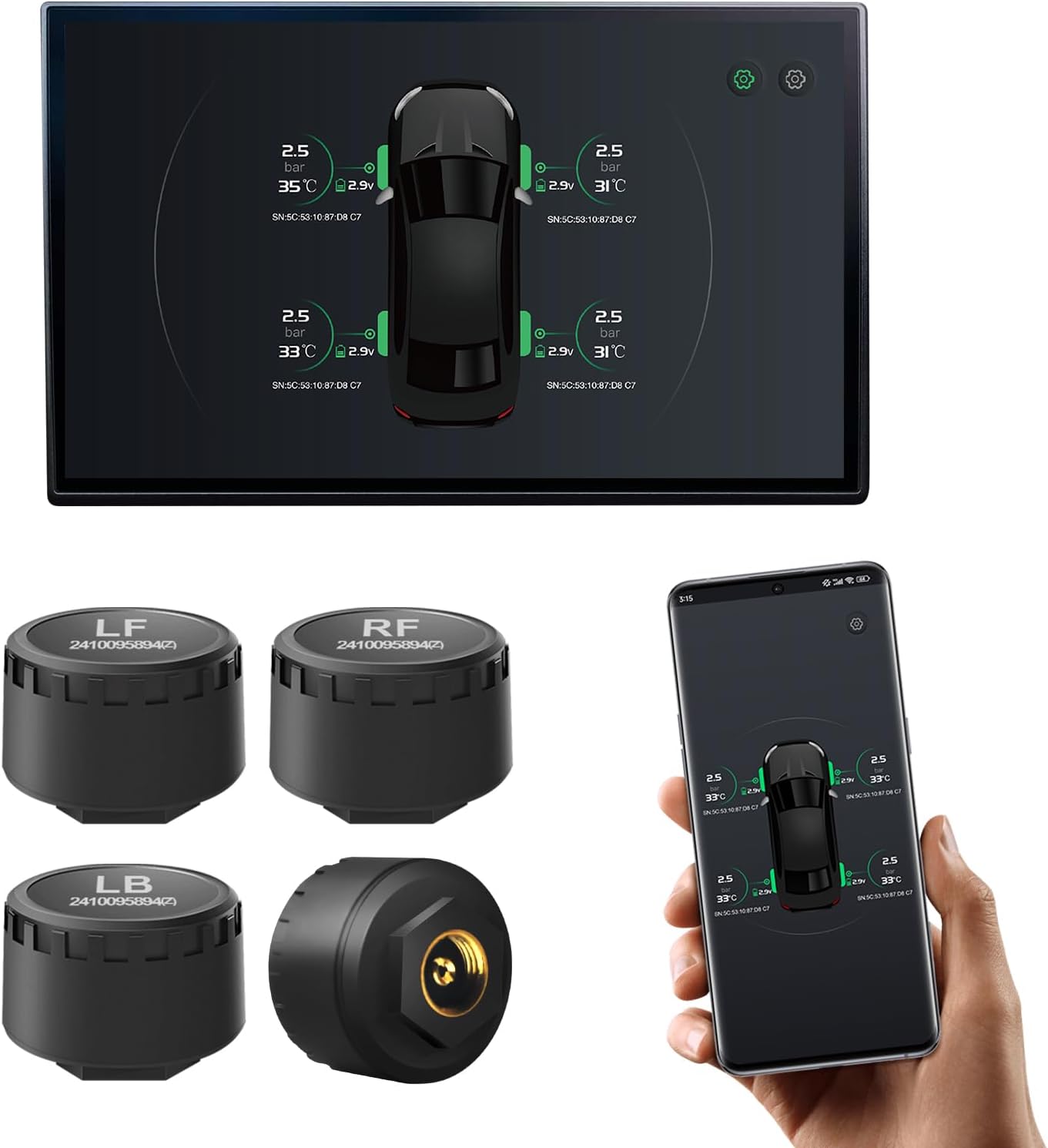 USB Tire Pressure Monitoring System, Wireless TPMS with Real-Time Pressure & Temperature Display, Compatible with Android Car Navigation Head Units & Mobile App