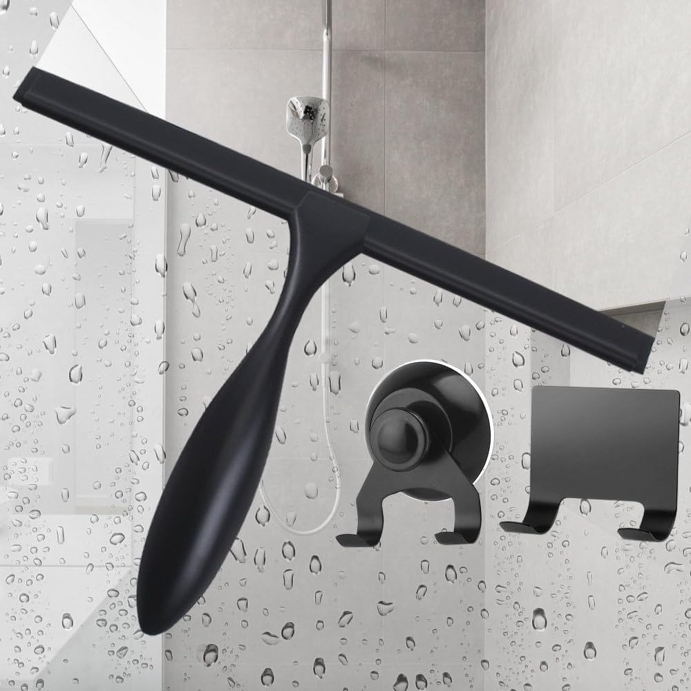 10'' 12'' 14'' INCH Shower Squeegee Rubber Wiper Scrape with Suction Cup Hook Black Color Glass Mirror Bathroom Scraper,Black,14 inch