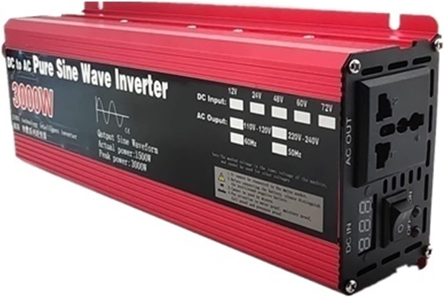 Pure Sine Wave Inverter 12V/24V to AC110V 220V 1000W 2000W 3000W Voltage Transformer Power Converter Solar Inverter LED Display(24V 3000W,110V 60Hz)