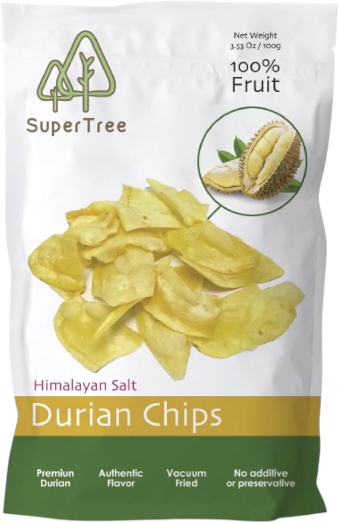 Premium Durian Chips with Himalayan salt, Authentic Flavor and Crunchy, 100% Fruit Snacks, Vacuum Fried for a Delicious Taste, No Additives or Preservatives, 3.53Oz (100g) Bag