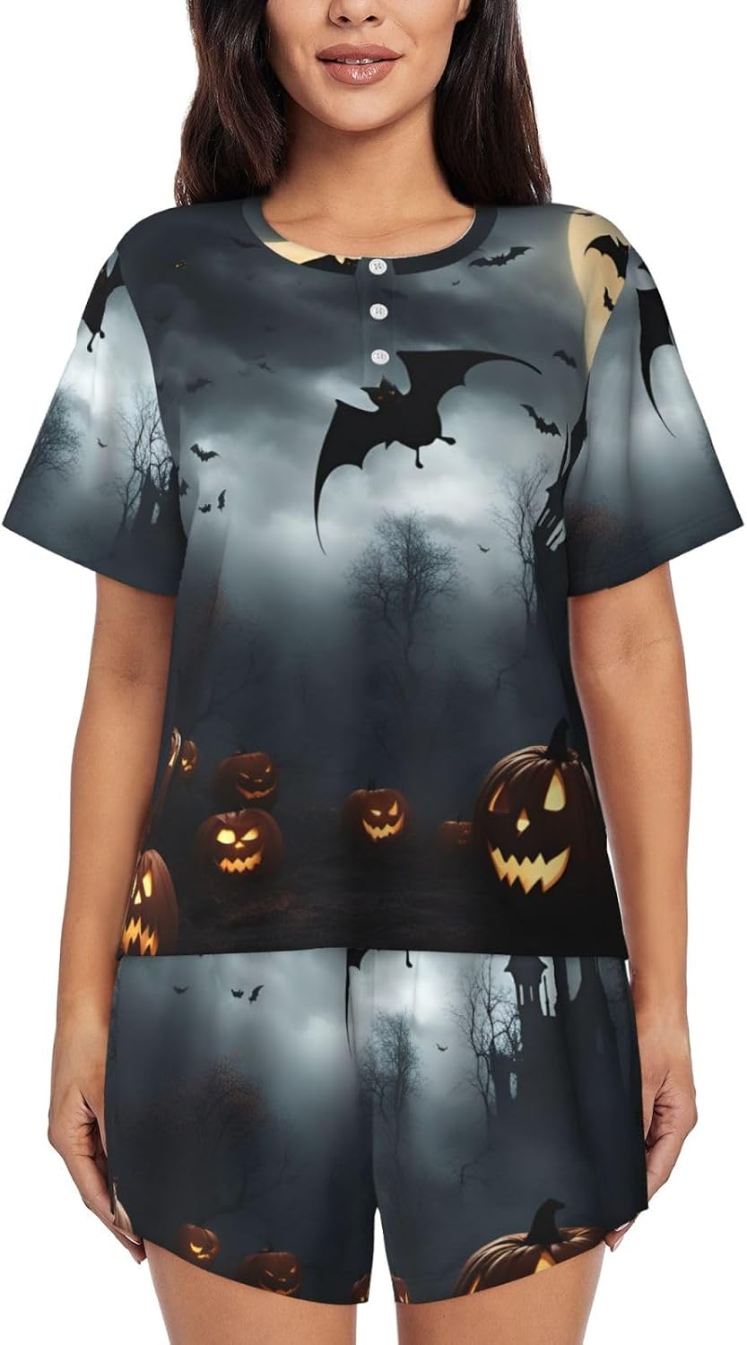 Halloween Flying Bats Print Short Sleeve Pajama Set,Soft Comfy Pjs For Women,Perfect For Sleep And Loungewear
