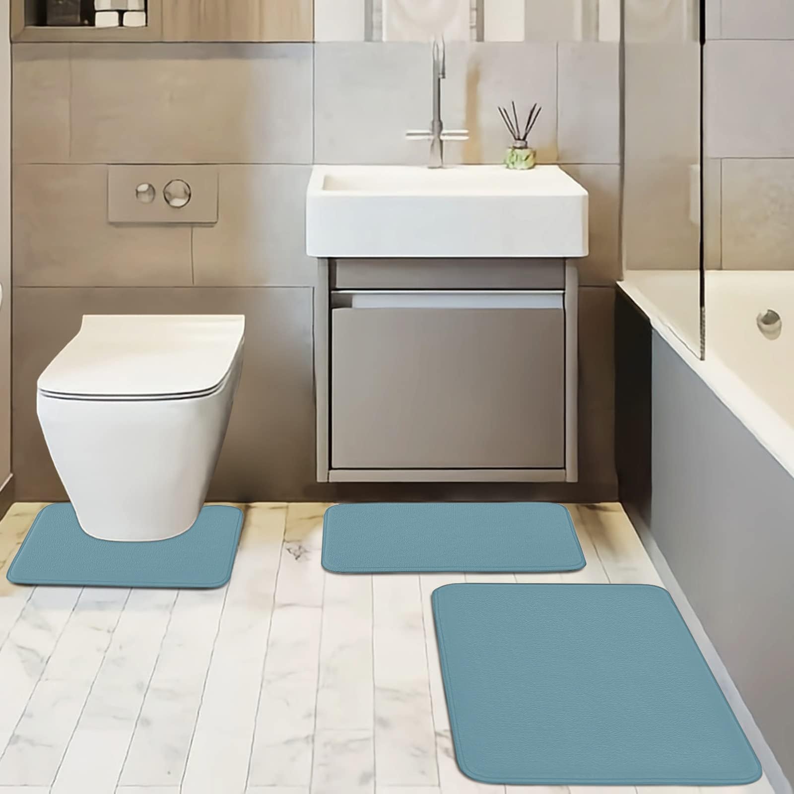 Badvorleger Set Pfauenblau Badezimmermatte Diatomite Badezimmerteppich Bad Teppiche Set Waschbar WC Teppich rutschfeste Badematte Wasseraufnahme Badgarnitur 3 Stücke