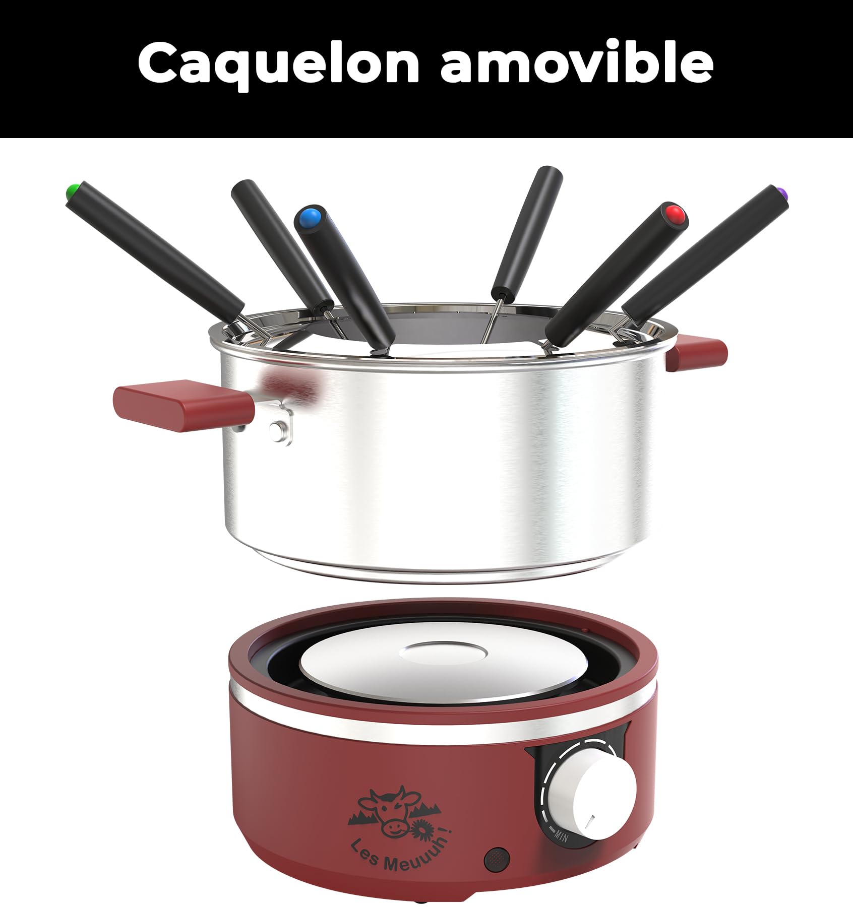 LITTLE BALANCE 8962 Little Fondue Meuuuh...!, dispositivo de fondue para 6 personas, sartén de acero inoxidable, apto para inducción, 1,8 litros, 650 W, chile