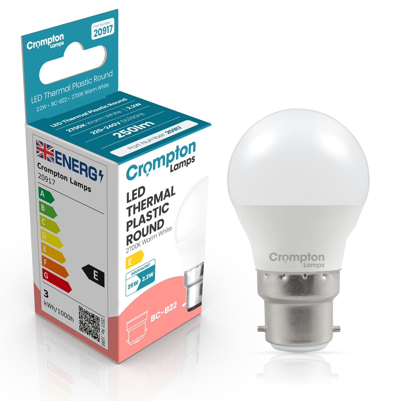 Crompton Lamps Golfball LED B22 Bulb | 2.2W = 25W Equivalent | Warm White 2700K | Energy Efficient | Bayonet Lightbulb | Long Life 15,000-Hrs | Bulbs for Lamps