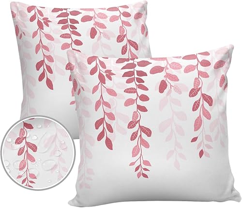 Paquete de 2 fundas de almohada impermeables para exteriores, diseño de hojas y plantas, color rosa degradado, 18 x 18 pulgadas, fundas de almohada