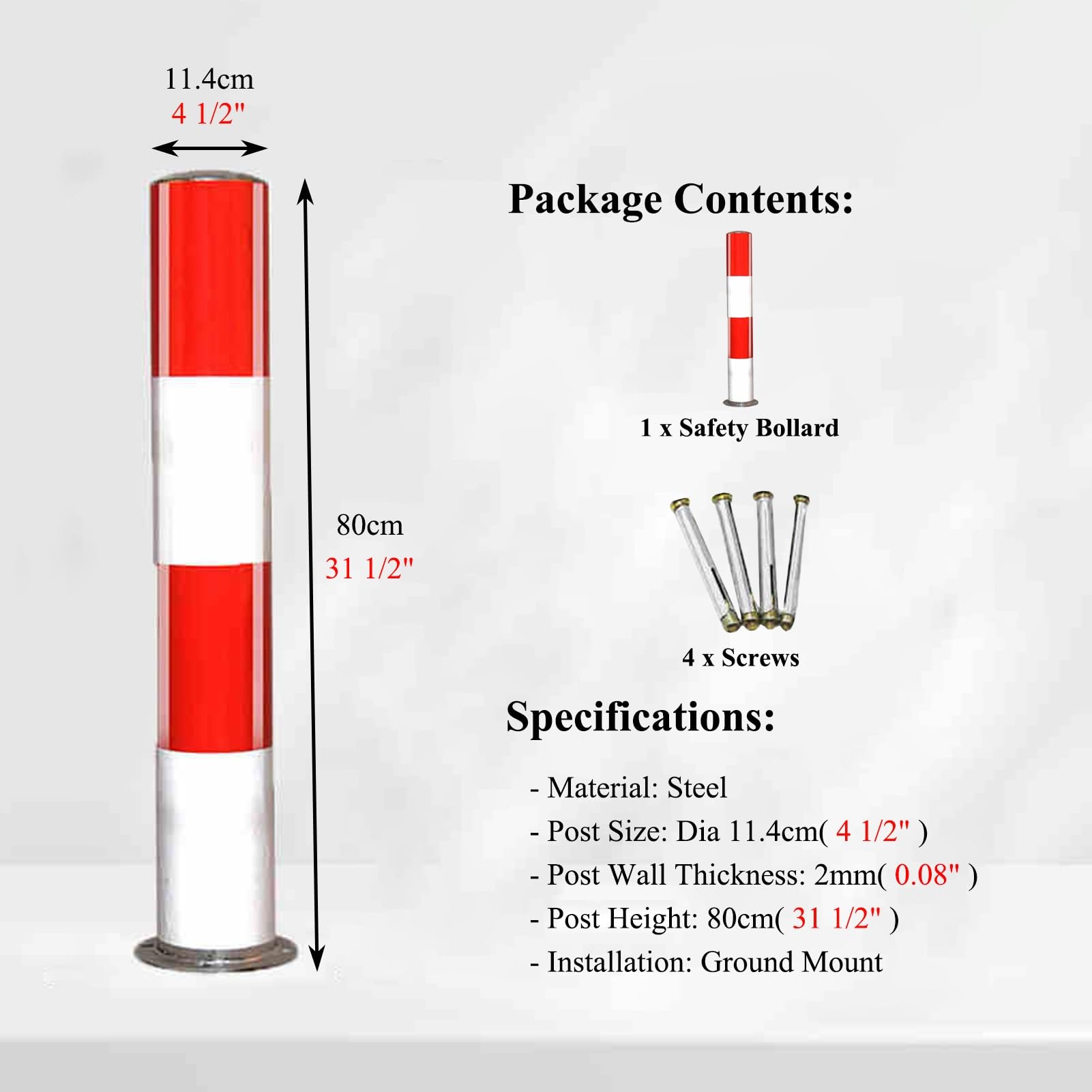 Generico Confezione da 2 dissuasori di Sicurezza con Striscia Riflettente, palo e Base in Acciaio, delimitatore Resistente per vialetti e Aree sensibili (80x114 cm, Spessore 2 mm)