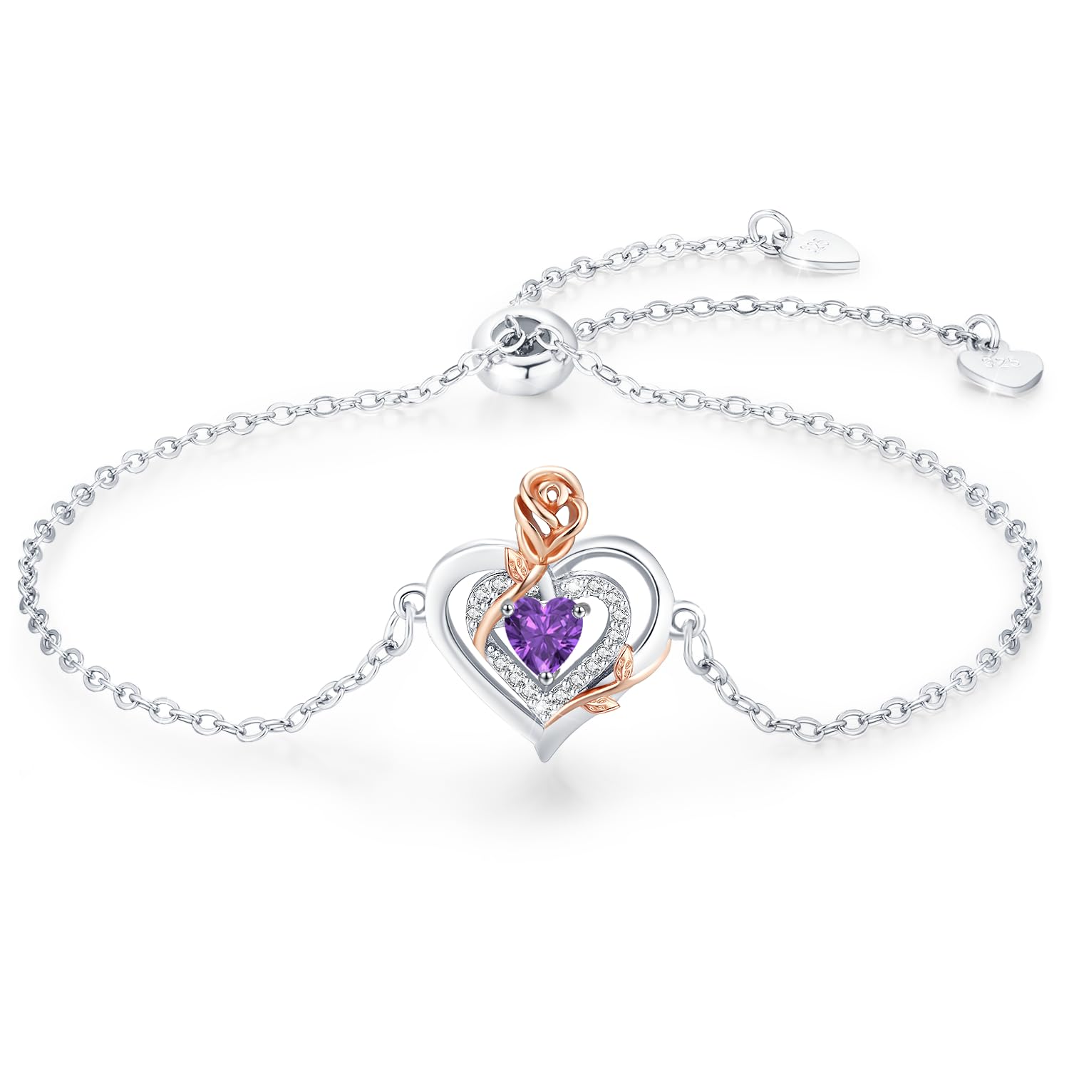 LAVUMO Armband Damen Silber 925 Echt/Messing Doppelherz Rose Blume Armbänder für Frauen Geburtsstein Schmuck Geburtstags Muttertags Geschenke für Frauen Freundin Verstellbar Armkette