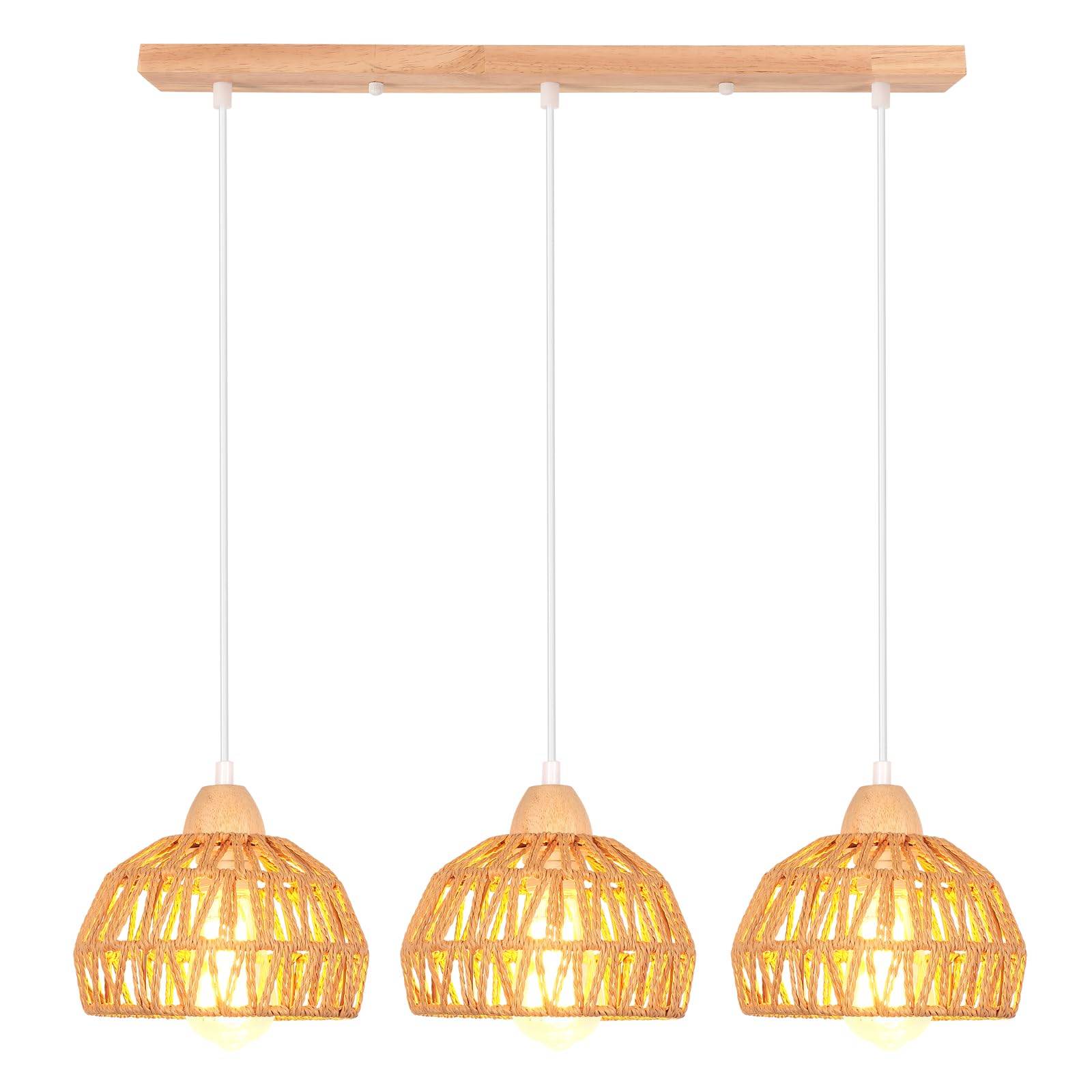 iDEGU Lampa wisząca vintage 3-żarówkowa żyrandol z drewna i rattanu, abażur 20 cm, E27, lampa wisząca, dekoracja, retro, do jadalni, sypialni, salonu, kuchni (brązowa, belka)