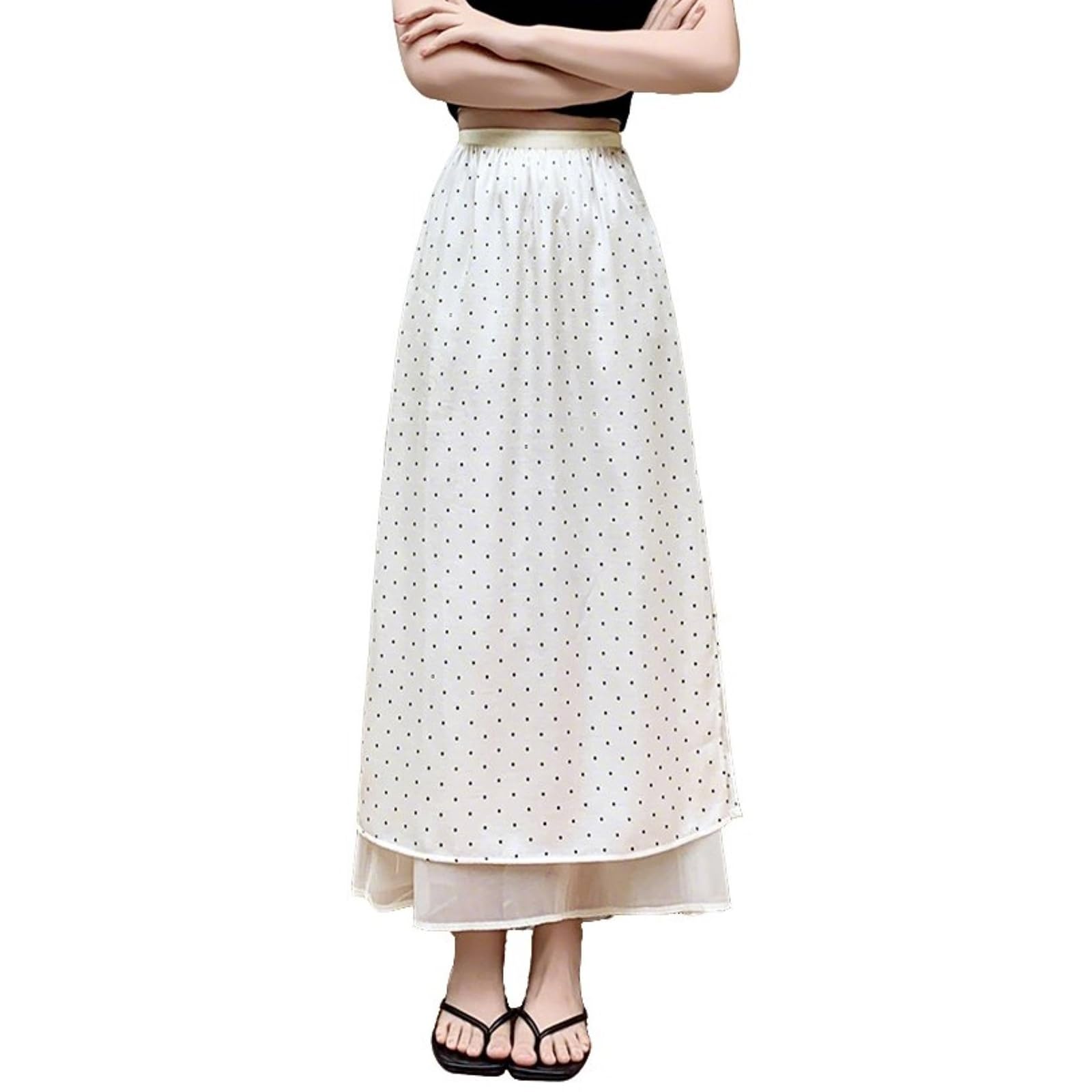 Jupe À Pois Pour Femmes Taille Élastique Coupe Slim Tulle Doublure Fentes Latérales Mode Décontractée Jupes Longues En Satin