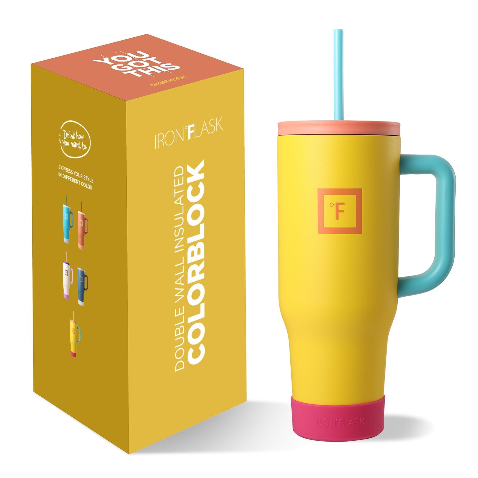 IRON °FLASKCo-Pilot Insulated Mug w/Boot, Straw & Flip Cap Lids - Cup Holder Bottle for Hot, Cold Drink - Leak-Proof - Water, Coffee Portable Travel Mug - Caribbean Heat, 40 Oz