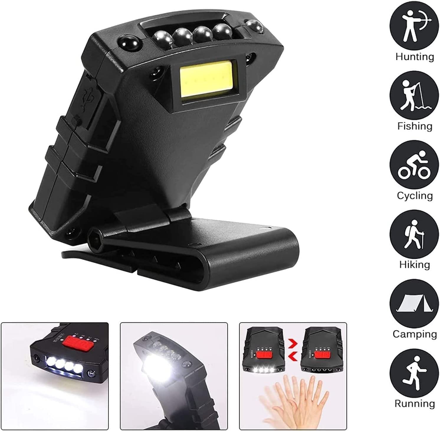 Latarka czołowa Latarka czołowa LED Mini LED z przypinaną czapką Latarka czołowa z inteligentnym czujnikiem Wodoodporna latarka czołowa z możliwością ładowania przez USB Latarka czołowa Kemp