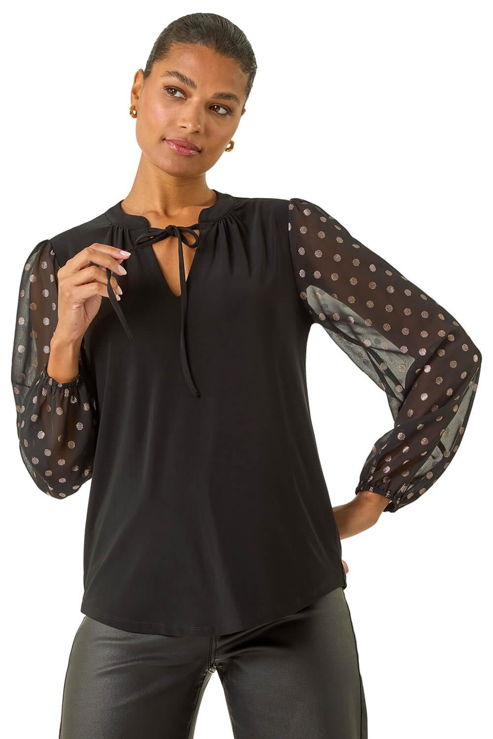 Roman Tie Neck Shimmer Dobby Sleeve Top for Women UK Ladies Spring Everyday Summer Holiday Round Neckline Comfy Long Sleeve Soft Hip Length Shirt Dinner Date Blouses - Noir - Size 12