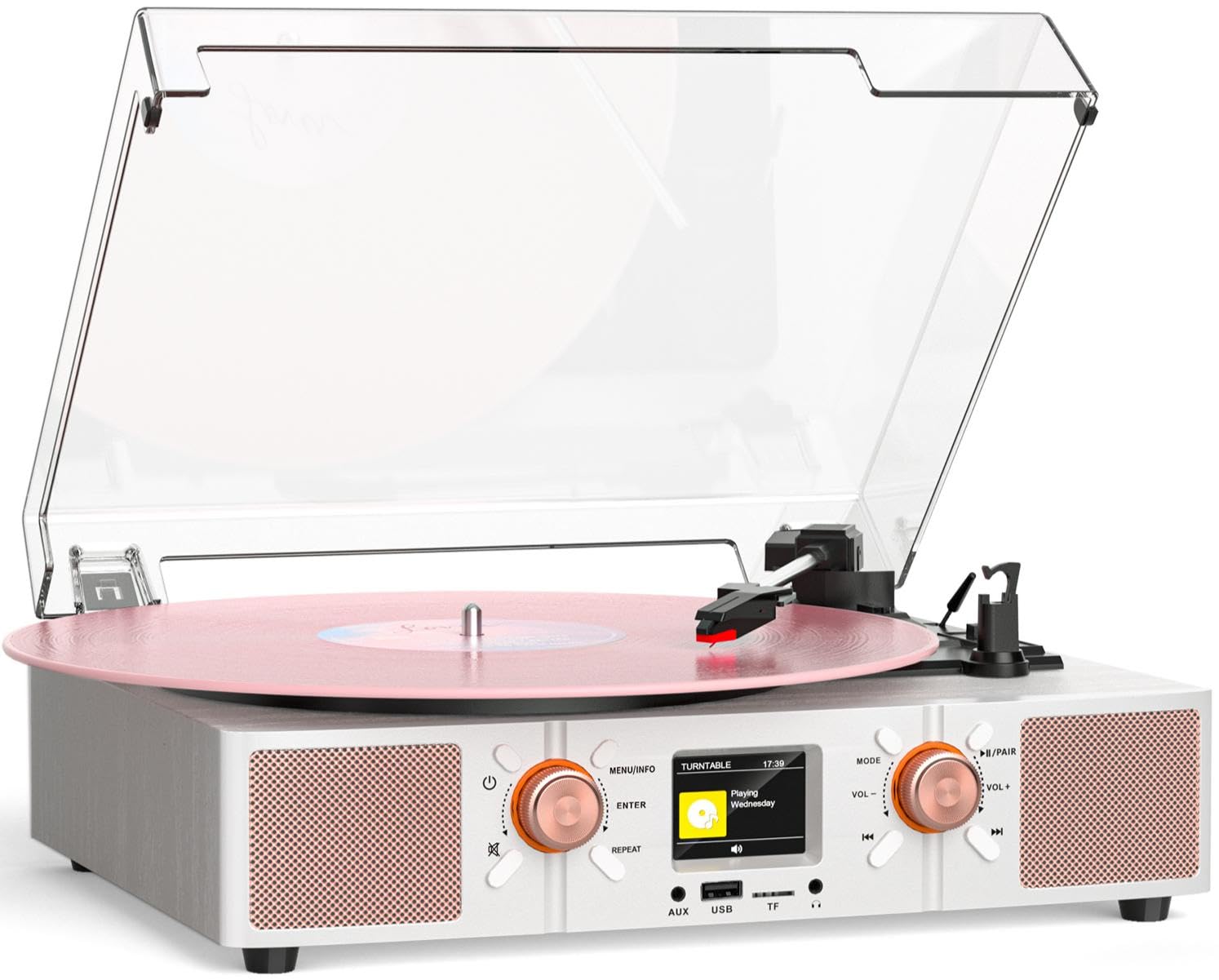 Tourne-disque de bureau avec écran LCD couleur, Bluetooth et USB, platine vinyle vintage à 3 vitesses avec haut-parleurs intégrés, centre de musique décoratif blanc et or rose