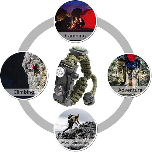 Miniatura 7 de Kit de equipo ajustable de pulsera de paracaídas de supervivencia 20 en 1 con luz LED SOS, iniciador de fuego, brújula más grande, silbato de