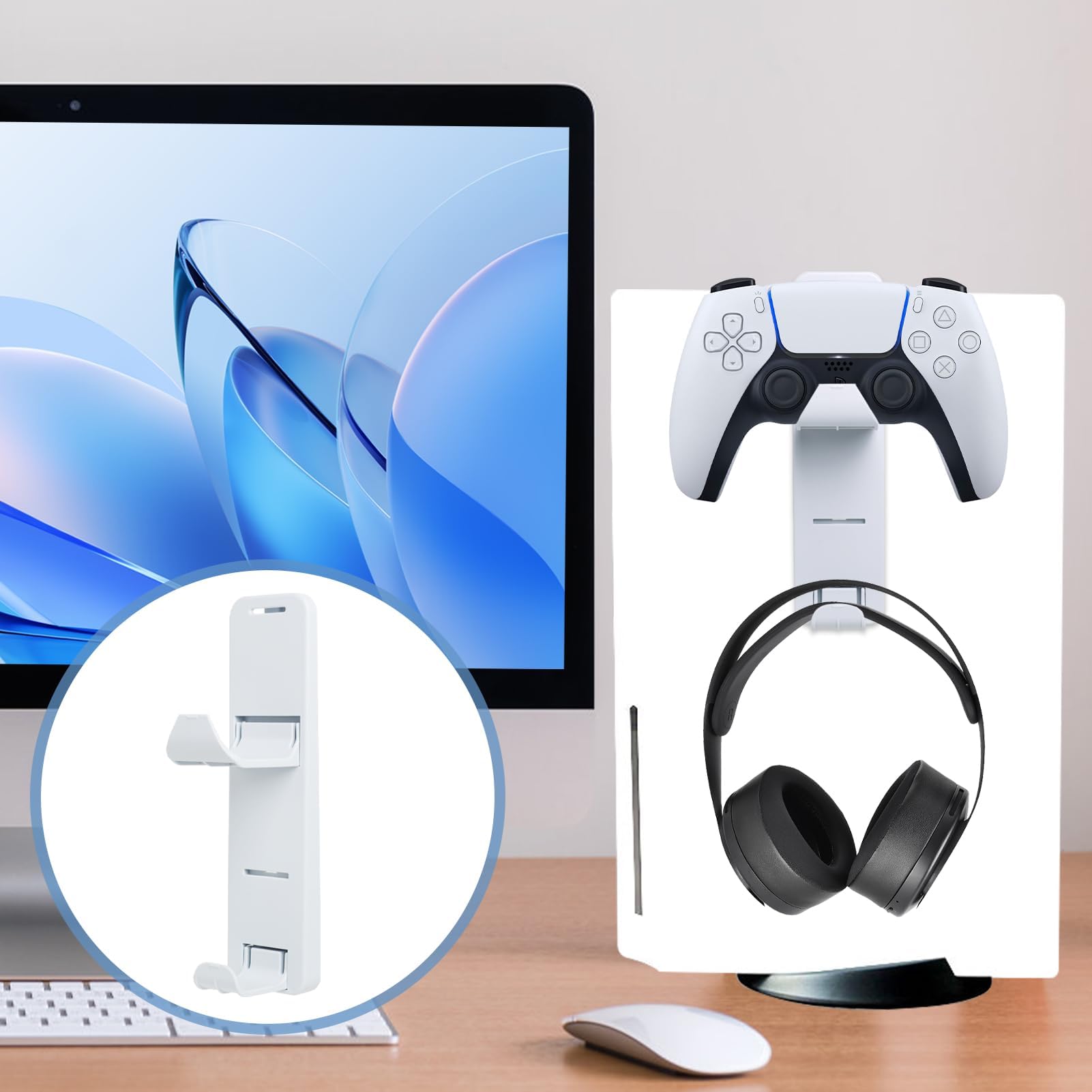 Soporte para Auriculares y Controlador de Juegos Compatible con PS5, Soporte Universal de Pared Plegable con Ganchos Dobles, Accesorios para Juegos, Gancho para Auriculares y Mando