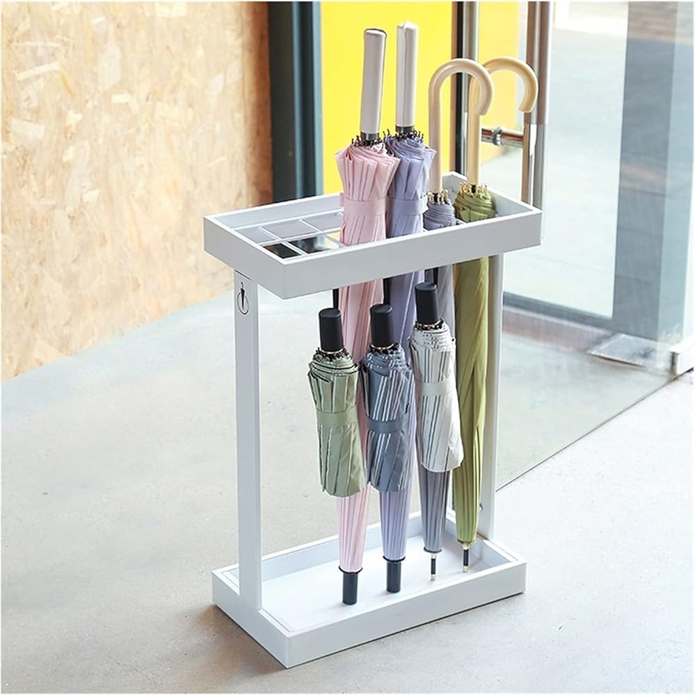 SaryEdge Metal Umbrella Stand for Commercial Use, 16 Umbrella Holder with Mobile Drip Tray & 4 Hooks, Stylish White Corridor Entrance Umbrella Rack, Durable St,White