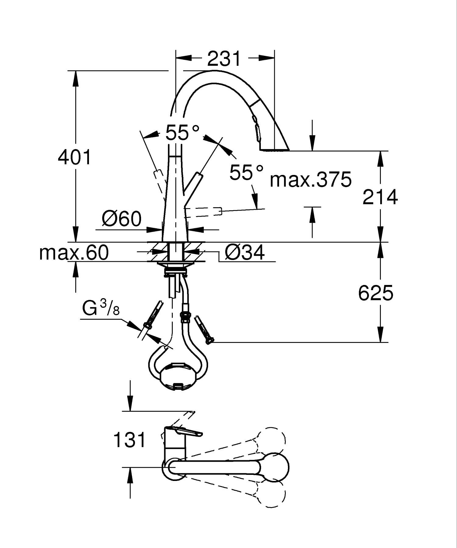 GROHE Zedra, Grifo de cocina 3 chorros (ducha extraíble, giratorio 360°, ahorro de agua con limitador de caudal variable, fácil montaje en fregadero), cromo, 32294002