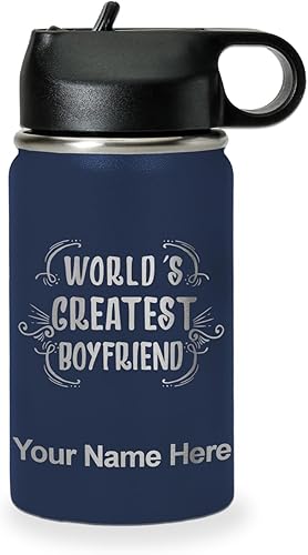 Miniatura 18 de LaserGram Botella de agua personalizada, World's Greatest Boyfriend, acero inoxidable de doble pared aislada al vacío con popote superior, regalo