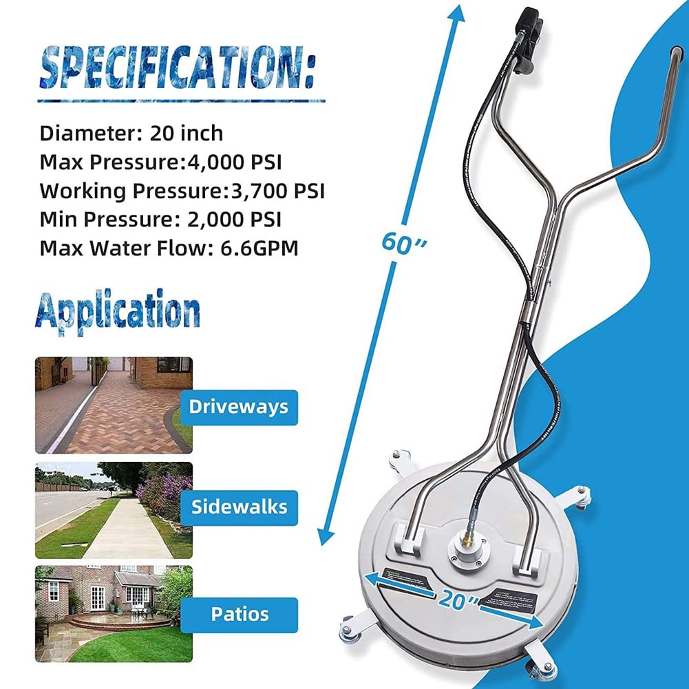 Limpiador de Superficies de Alta presión de 20 Pulgadas, Limpiador de Patio de Acero Inoxidable de 4000 PSI, Lavadora a presión, Lavadora de Pisos para terrazas, Ladrillos, Piedra, Azulejos, 6,6 GPM,