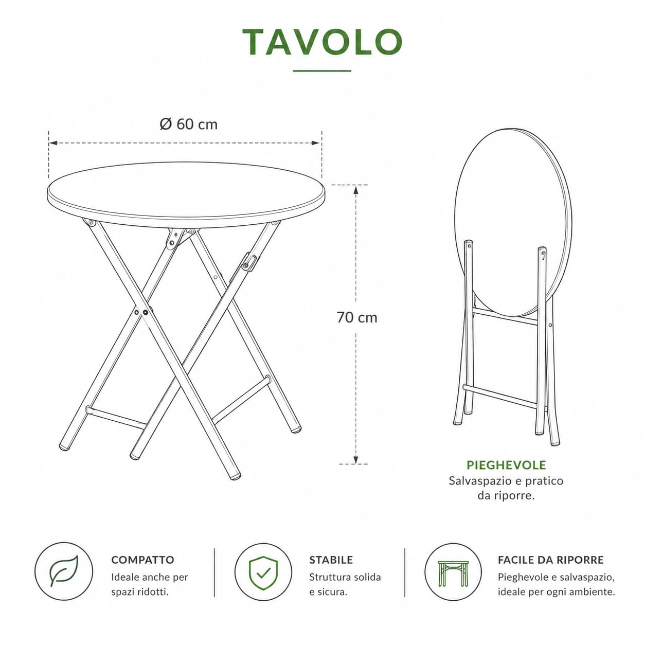 Set Tavolo e 2 Sedie Pieghevoli da Giardino per Balcone (Bianco) | Set bistrot da esterno, tavolo con 2 sedie richiudibili, ideale per balcone e terrazza, pratico e salvaspazio