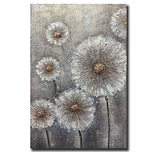 Boieesen Art,24x36Inch 100% Hand Painted Minimalist Dandelion Oil Painting White Wildflowers Wall Art Grey and Gold Floral Canvas Paintings Neutral Landscapel Artwork Oil Hand Painting for Living Room