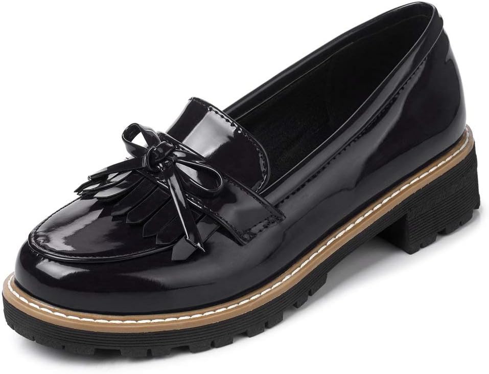 Ifantasy Women’s Penny Loafers Flat Low Heel Bow Tassel Patent Leather Slip On Shoes