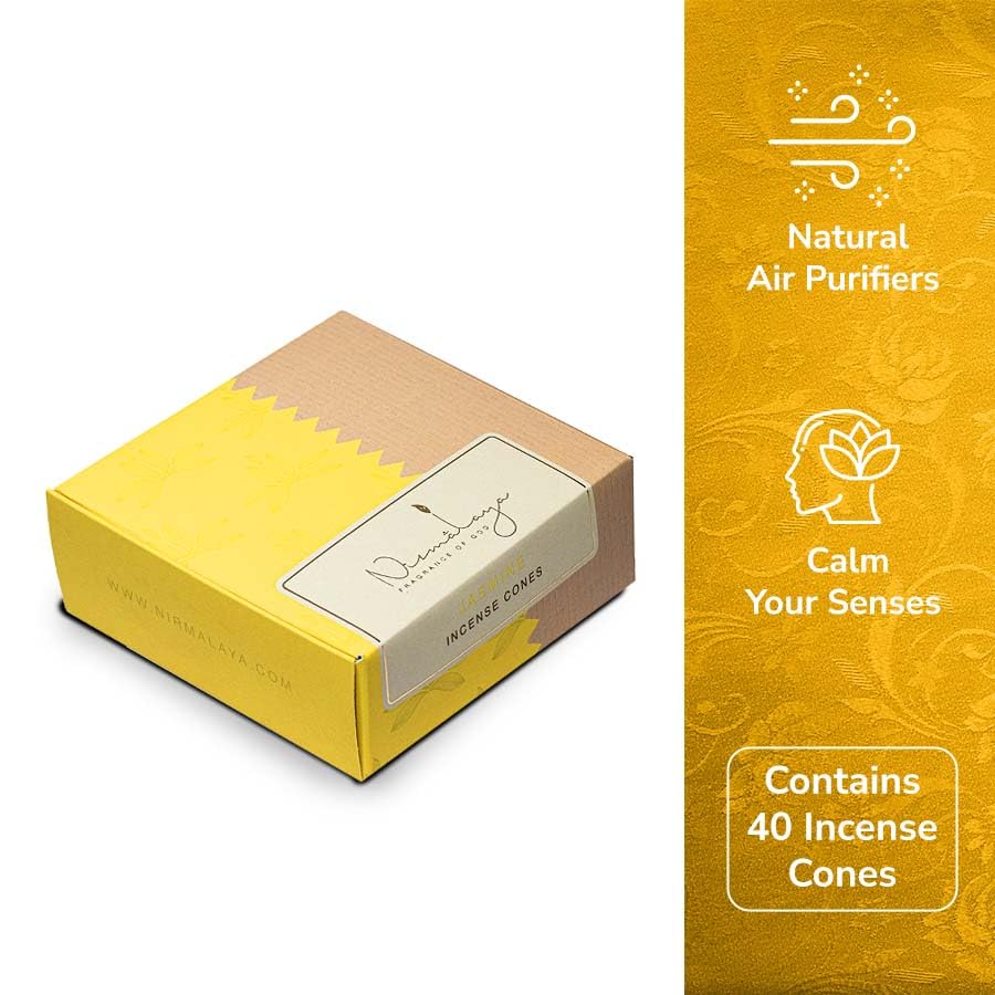 Image of Nirmalaya Premium Jasmine Incense Combo Pack | 100% Natural Organic | 40 Incense Sticks, 40 Incense Cones, 40 Dhoop Sticks | for Pooja, Meditation & Yoga (Jasmine) | Free Stand Inside