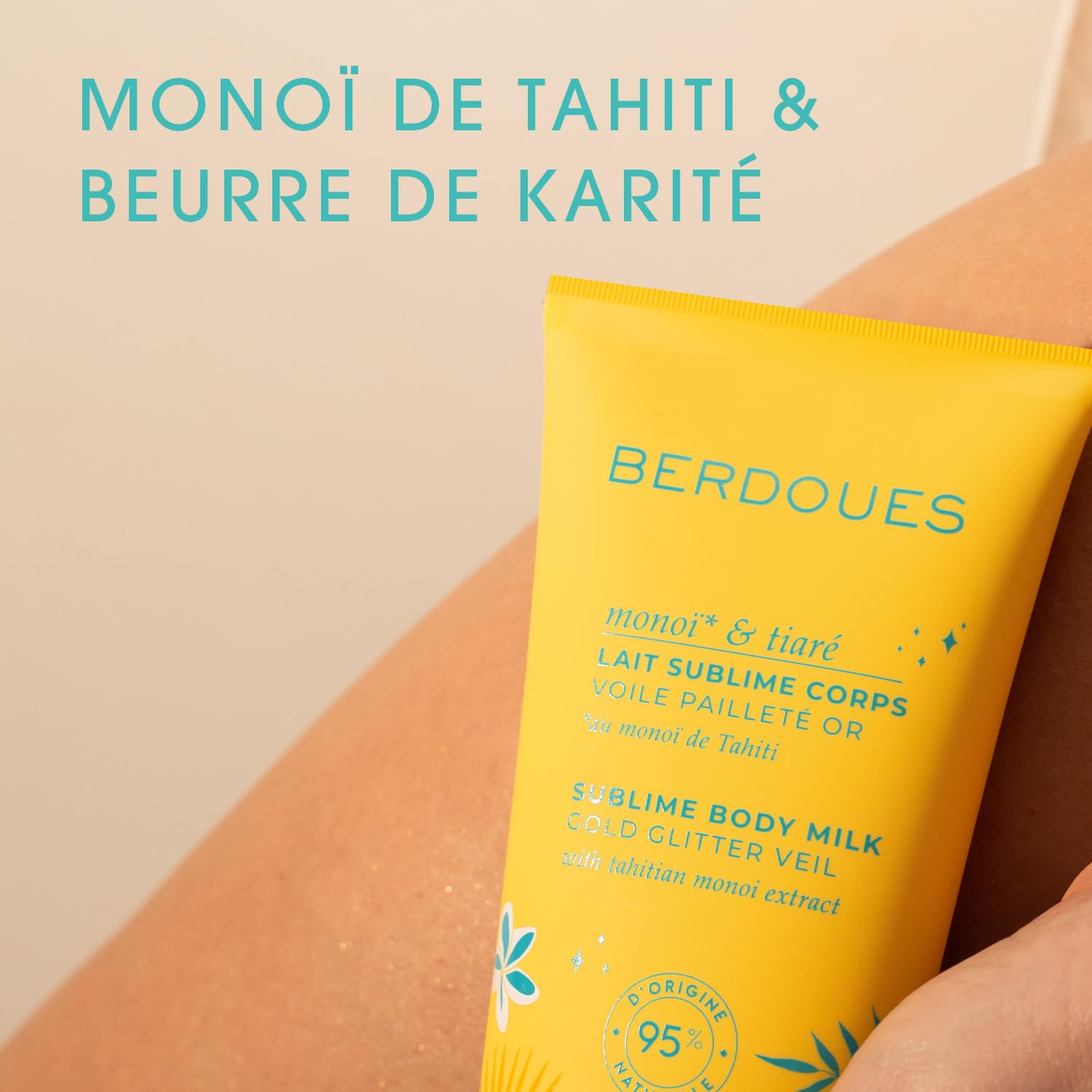 BERDOUES - Brume parfumée protectrice cheveux 100 ml + Lait corps pailleté 200 ml. Parfum Monoï Tiaré. Parfum femme, 95% d'origine naturelle. Vegan, Made in France.