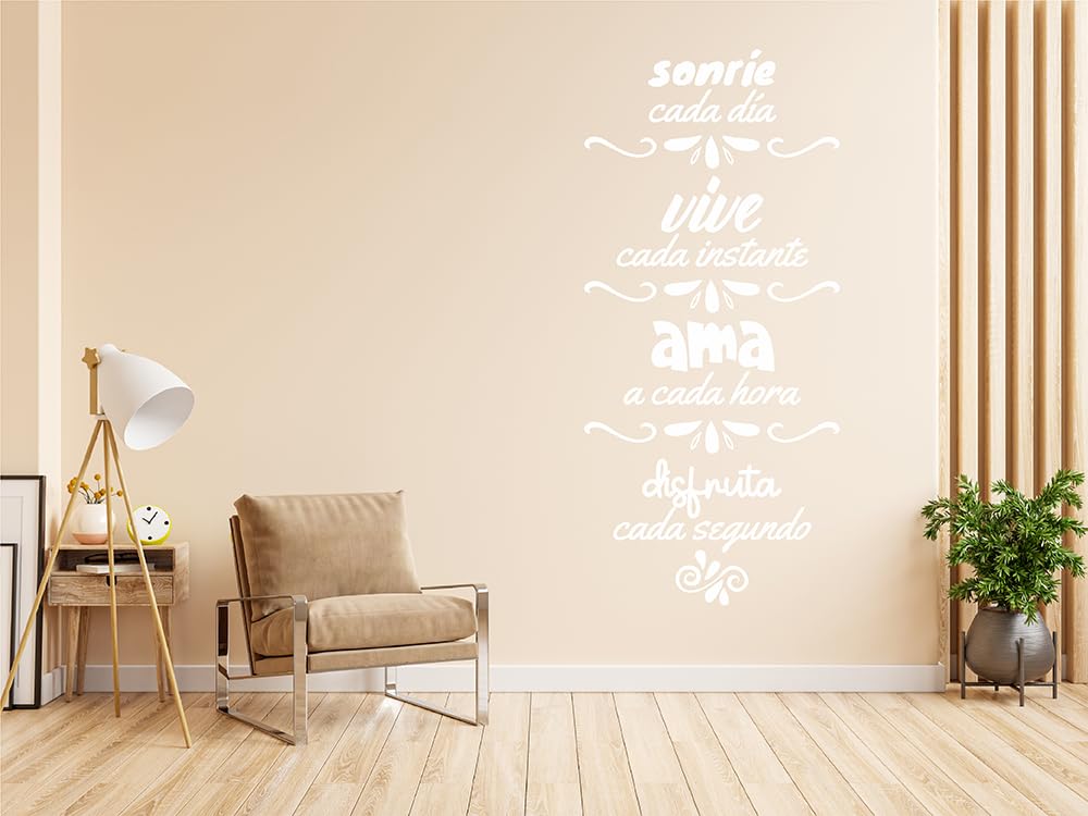 pegatinas de pared decorativas con frase "Sonríe, vive, ama" | Blanco | 120x240 cm