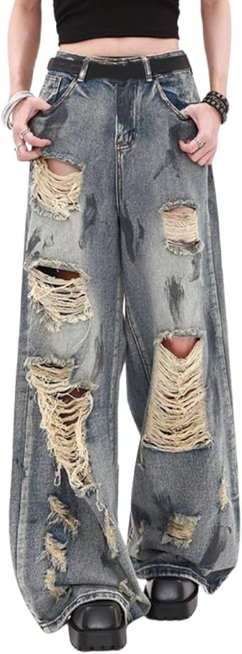 Baggy Jeans for Women and Men, high Waist Ripped Trousers