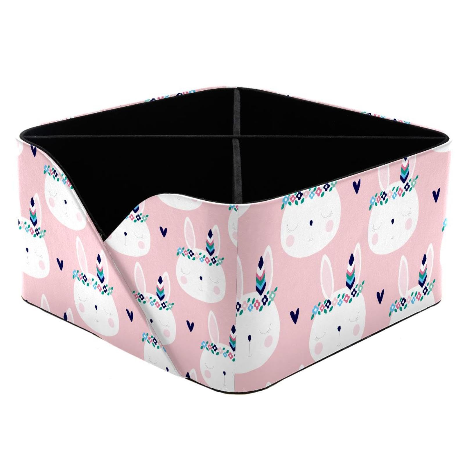 KengjuTesu Cute White Bunny Rabbit Tribe Wreath Love Heart Pattern Desktop Organizer Pen Holder, Rectangular Pencil Cup for Office, Study and Makeup Stations